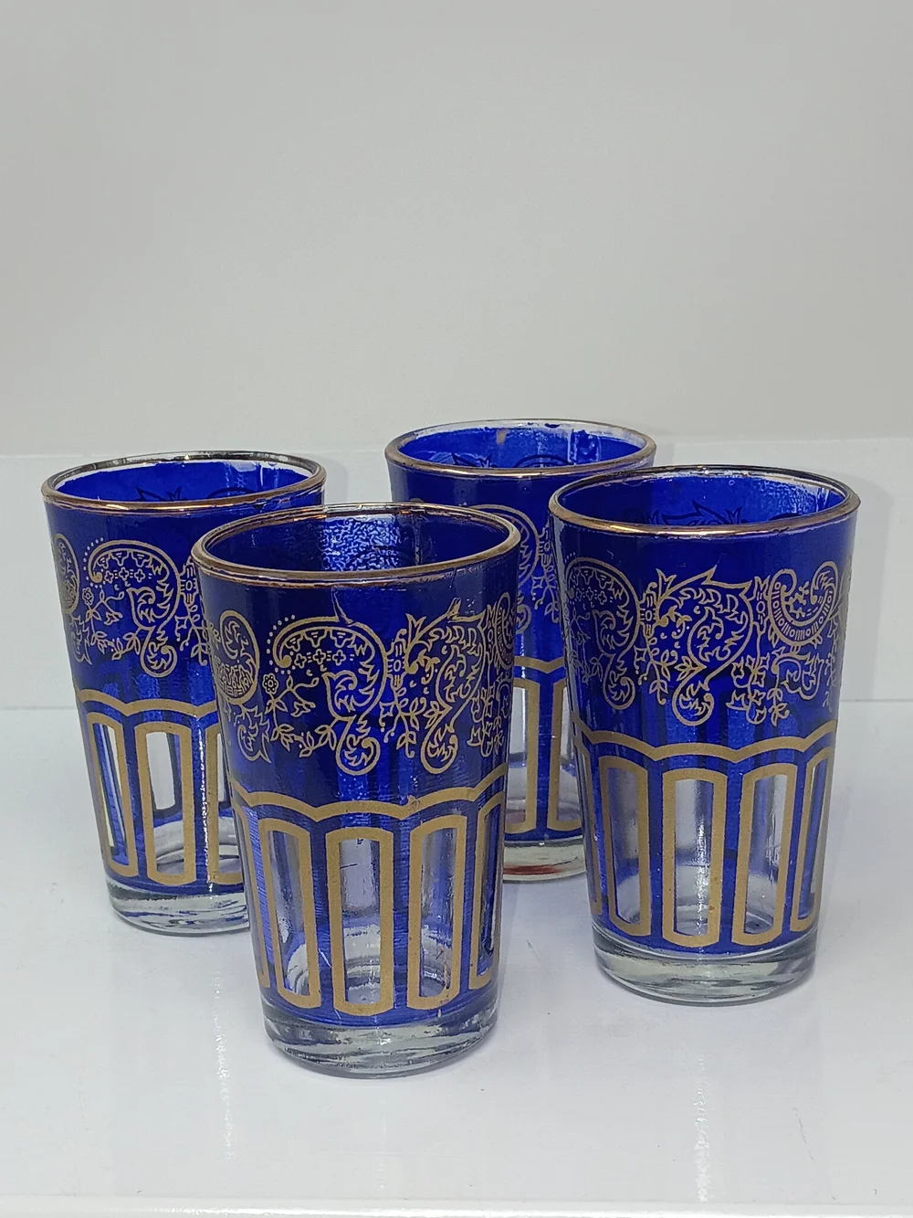 Set of 4 Cobalt Blue Gold-Trimmed Decorative Glasses